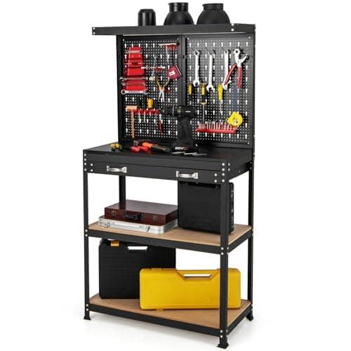 Image of COSTWAY Workbench with Pegboard, Metal Garage Work Bench with 13 Hanging Accessories & Drawer, Heavy Duty Tool Storage Workstation Unit for Workshop Warehouse, 81x41x156cm, 290kg Capacity (Red+Black)