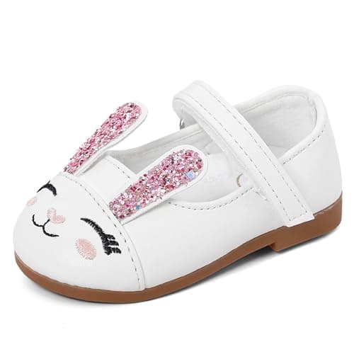 Image of LACOFIA Baby Girls First Walking Shoes Infant Anti-Slip Mary Jane Princess Wedding Dress Shoes White Rabbit 5