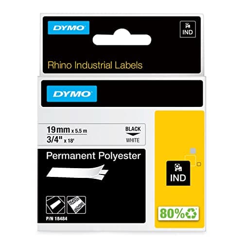 Image of DYMO Rhino Industrial Permanent Polyester Labels | 19mm x 5.5m | Black Print on White | Self-Adhesive | for Rhino & LabelManager Label Makers
