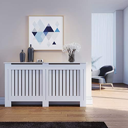 Image of ELEGANT Radiator Covers Large Modern Vertical Slat White Painted Cabinet Radiator Shelve for Living Room/Bedroom/Kitchen, LARGE