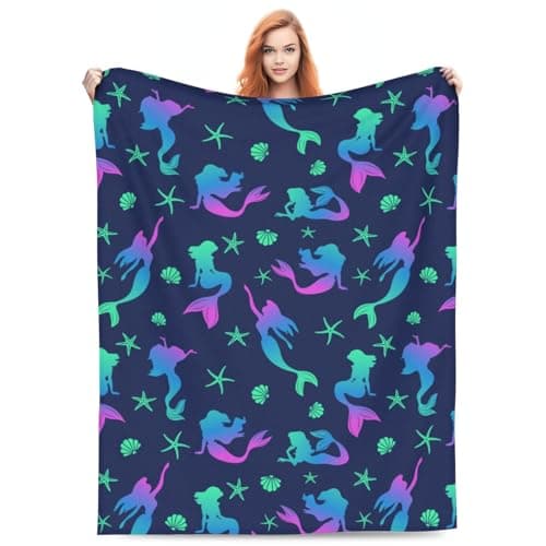 Image of Blue Mermaid Blanket Throw for Girls Kids - Neon Shell Pattern Super Soft Blanket - Gift Ideas for 3-10 Year Olds - Sofa Couch Bed Travel - 50"x 60"