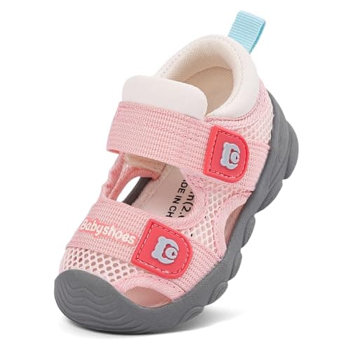 Image of MASOCIO Baby Shoes Sandals Toddler Girls First Walking Pre Walkers Summer Soft Sole Closed Toe Trainers Infant Size 9 UK Child Pink