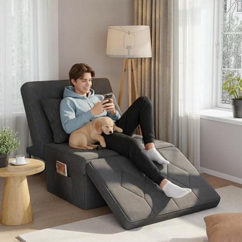 Image of DSNAPE 4-in-1 Sofa Bed, Convertible Single Sofa Chair with 5-Level Adjustable Backrest, Sleeper Chair Bed with Pockets and Pillow, Foldable Pull Out Sofa for Living Room Bedroom Guest Room, Dark Grey