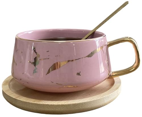 Image of Eplze YBK Tech Porcelain Tea Cup Coffee Mug Set for Afternoon Tea - Marble Pattern (Pink, Short 300ml + Wood Saucer)