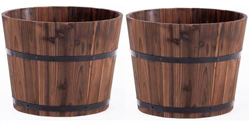 Image of Garden Gear Rustic Wooden Barrel Planter Burnt Fir Wood Oak Style Design Metal Bands Handles Outdoor Garden Pot (Medium D35.5xH27cm x2)