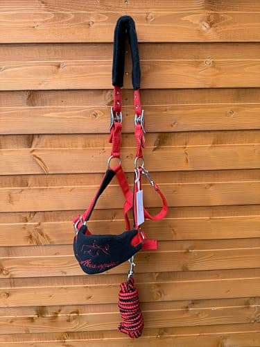 Image of Aces Equine Fleece Headcollar with Lead Rope in Red and Black - Soft Padding fully Adjustable (Cob)
