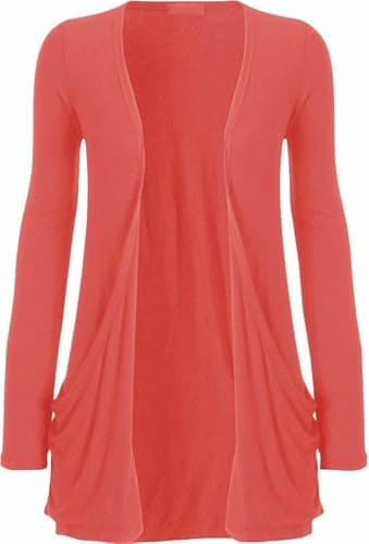 Image of Tease Womens Girls Long Sleeve Ladies Boyfriend Cardigan TOP Open Pocket UK 8-26 (Coral, 16)