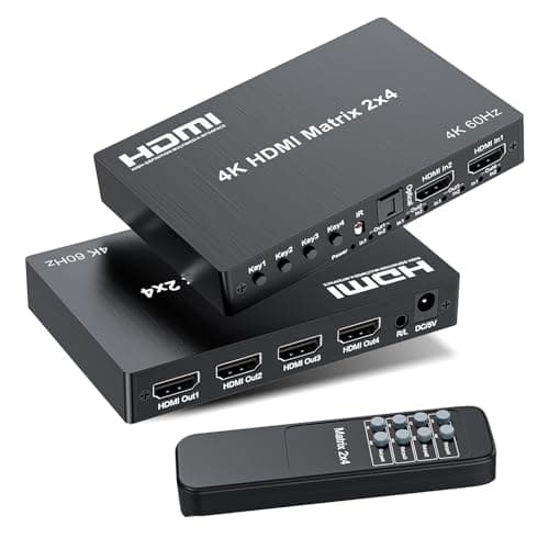 Image of 4K 2x4 HDMI Matrix Switch, 2 in 4 Out Matrix HDMI 2.0 Video Switcher Splitter, Optical & 3.5mm Audio Output, Support 4K 60Hz HDR HDCP2.2, 18Gbps, with IR Remote Control for NS PS5 Fire Stick etc
