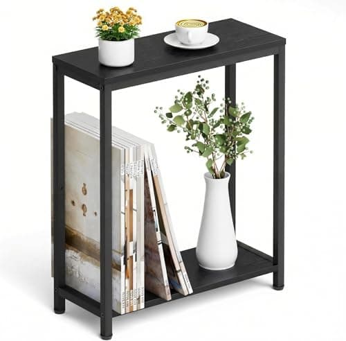 Image of MISSLO Narrow Small Side Table for Living Room, 2 Tier End Table for Small Space, Slim Coffee Table for Sofa, Couch, Beside, Bedroom, Rustic Black