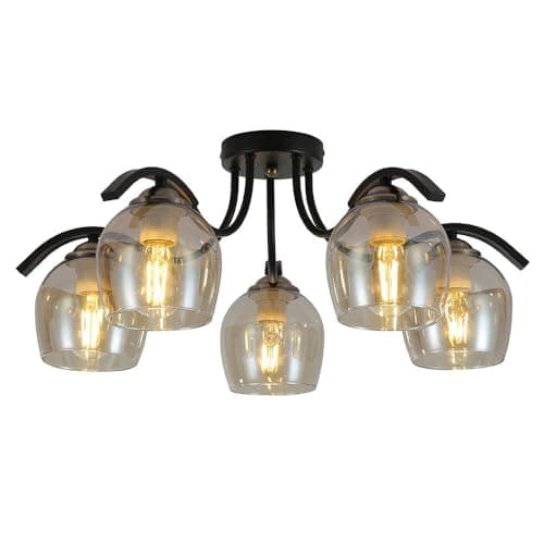 Image of TEKLED® Ceiling 5 Arm Pendant Light | Amber Glass Black Semi-Flush Luminaire | 5xE27 Edison Screw Bulb Base | Home Industrial Modern Design Chandelier | For Bar Kitchen Dining Room Bedroom Coffee Shop