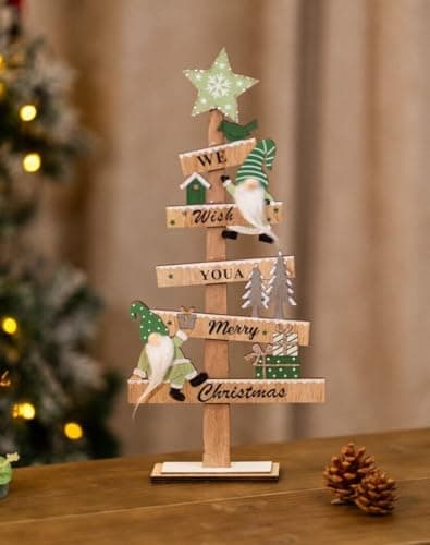 Image of Marco Paul Wooden Christmas Tree Gonk Ornament – 45cm Freestanding ‘We Wish You a Merry Christmas’ Sage Green Sign – Festive Wooden Table Centrepiece, Mantel or Fireplace Decoration for Xmas Décor