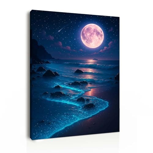 Image of Canvas Wall Art 12x16 Inch Framed Moonlight Ocean Painting Night Sky and Sea Waves Modern Wall Decoration for Living Room Bedroom Hallway and Stairs Artwork Wall Pictures with Hooks and Magic Tape