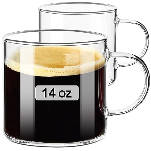 Image of PARACITY Clear Glass Mugs Set of 2, 420ml Large Glass Coffee/Tea Cups with Handle, Hot/Cold Drink, Latte, Cappuccino, Tea, Juice, Beer