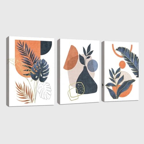 Image of 3Pcs Framed Boho Canvas Wall Art, Mid Century Blue Orange Geometric Abstract Plant Leaves Wall Art Modern Home Decor Poster Canvas Painting Wall Decor for Bedroom Living Room Ready to Hang 30x40cmx3