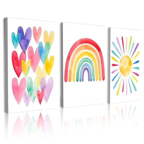 Image of ICBCGS Rainbow Framed Wall Art, 3pcs Boho Pink Playroom Poster Painting Decor, Colorful Heart Picture Prints for Living Room Bedroom Office Home Decoration 30x40cm