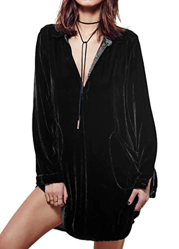 Image of R.Vivimos Autumn Winter Casual Long Sleeve V Neck Button Down Blouse Dress Velvet Irregular Hem Shirt Mini Dress with Pockets(XLarge,Black)