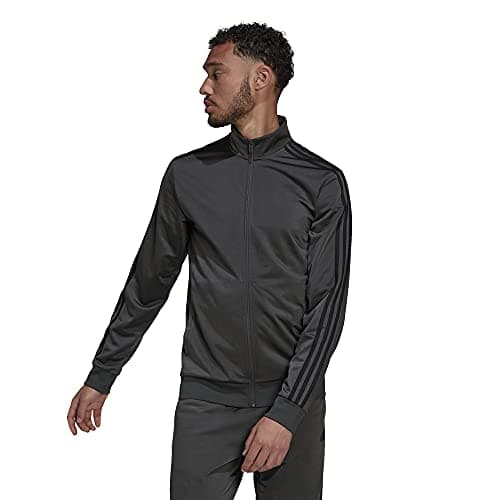 Image of adidas Men's Standard Essentials Warm-Up 3-Stripes Track Top, Dark Grey Heather/Black, Small