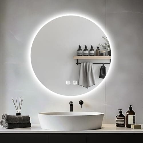 Image of JAMUBOCHE LED Bathroom Mirror For Over Sink, 60CM Electric Round Vanity Mirror With Backlit Lights For Shower Shaving, Fogless Wall Mounted Dimmable 3 Color Lighting, IP54