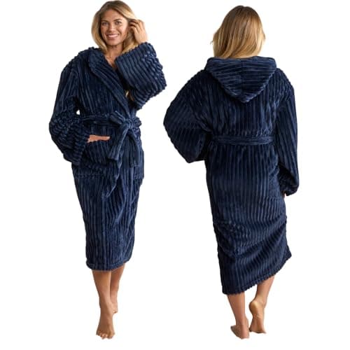 Image of OHS Ribbed Fleece Dressing Gown Womens, Mothers Day Gifts Bathrobe with Hood & Pockets Soft Warm Comfy Luxury Oversized Fluffy Ladies Dressing Gowns, Navy One Size