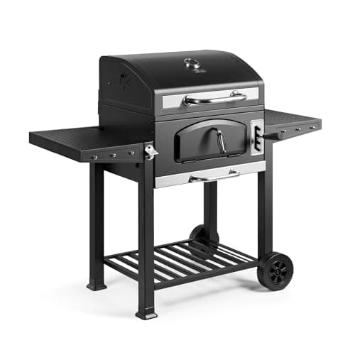 Image of VonHaus Charcoal BBQ – XL Portable Barbecue with Warming Rack, Fold Down Shelves, Temperature Gauge, Wheels, Cooking Grill, Air Vents – 2 in 1 Barbeque and Smoker – Grill Meat, Fish & Vegetables