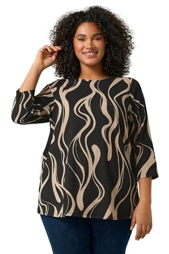 Image of EVANS Curve Linear Print Jersey Crepe Top - Women's - Plus Size Curve Black