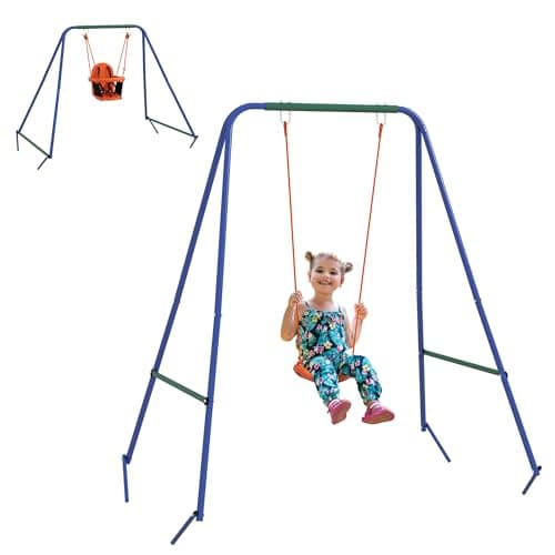 Image of Outsunny 2 In 1 Nursery Swing for Toddlers, Kids, Garden Swing Set with Comfortable Seats, Safety Belt for Indoor, Outdoor Play - Blue and Orange