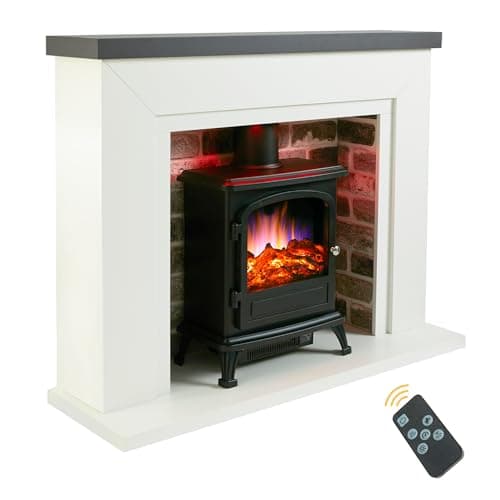 Image of Endeavour fires Farlington Electric Fireplace, Black Log Burner Stove in 48'' Off White Surround, LED Downlights with Remote Control (Grey Top/Grey Brick)