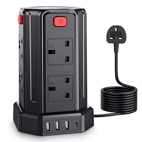 Image of Tower Extension Lead 3M, [13A 3250W] Surge Protector Extension Lead, 8 AC Outlets & 4 USB Ports Multi Plug Socket Power Strip with 3M Extension Cable for Home, Office
