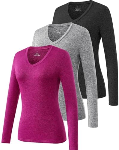 Image of Star Vibe 3 Pack v Neck Long Sleeve Athletic Tops for Women Workout Yoga Compression Long Sleeve Shirts Moisture Wicking Gym Shirt Women Black/Grey/Rose S