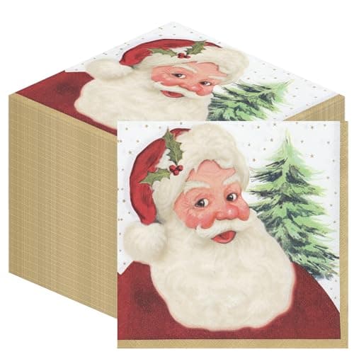 Image of 100 x Christmas Napkins Paper-Traditional Santa Claus Disposable Xmas Serviettes Festive Family Friendly Tableware Decorations Red and White Vintage Cosy Nostalgic Vibe Designed in the UK 2ply 33cm