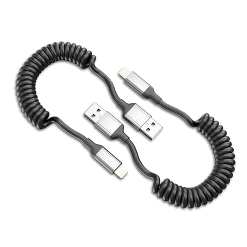 Image of Coiled Lightning Cable [30cm-60cm], 2 Pack 2.4A Short USB A to iPhone Charging Cable Retractable Fast Charging Cord for Apple Carplay, for iPhone 14 13 12 11 Pro Max 8 7 6 Plus X SE, Black-Grey