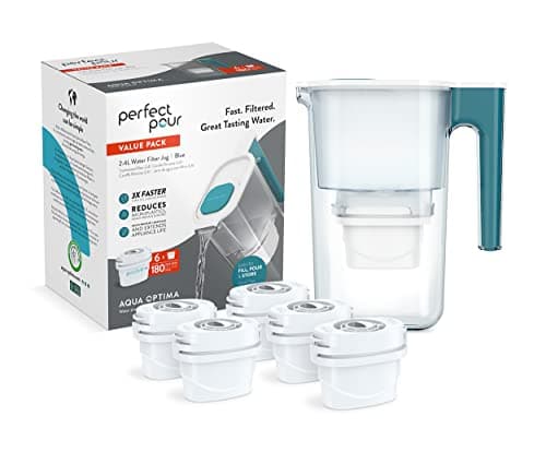 Image of Aqua Optima Perfect Pour Water Filter Jug & 6 Evolve+ Filter Cartridges, 2.4L, Blue - Fridge & Dishwasher Friendly - Reduces Limescale, Chlorine and Other Impurities - By LAICA (Packaging May Vary)