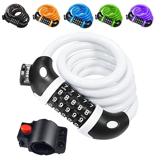Image of REHKITTZ Bike Lock Bicycle Locker Combination 5 Digit 120cm/12mm Long Cycle Cable Locks Bikes Chain High Security for E-Bike Mountain Bike Outdoor Ski Gate Accessories White