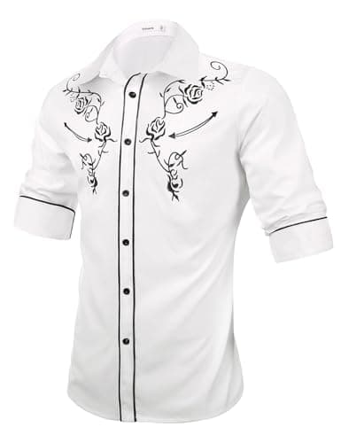 Image of Sykooria Men's Cowboy Shirts Long Sleeve Floral Embroidery Western Shirts Vintage Casual Regular Fit Button Down Shirts, Frost White XXL
