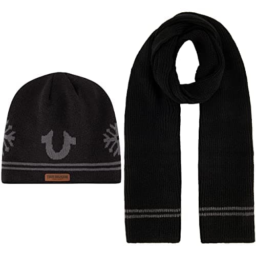 Image of True Religion Women's Beanie Hat Set, Ribbed Long Winter Knit Cap and Scarf with End Stripes, Black, One Size