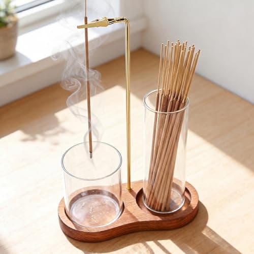 Image of FUHSY 2 in 1 Incense Holder, Wooden Incense Holder for Sticks with Removable Glass Ash Catcher, Upside Down Incense Burner with 20 Incense Sticks & Brush for Yoga Spa Meditation Room Decor