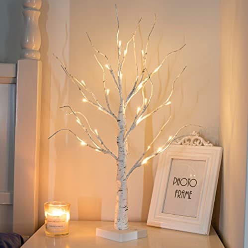 Image of Vanthylit White Twig Christmas Tree with Lights 2FT Tabletop Birch Tree with 24 Warm White LEDs Battery Operated LED Birch Tree for Home Party Wedding Easter Christmas Decoration