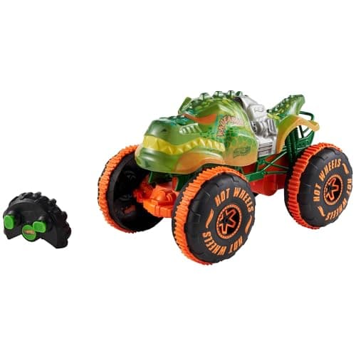 Image of Hot Wheels Monster Trucks Remote-Control Toy Vehicle, 1:15 Scale Rageasaur RC with Grip Action Tires for Off-Roading & Wheelie Stunting