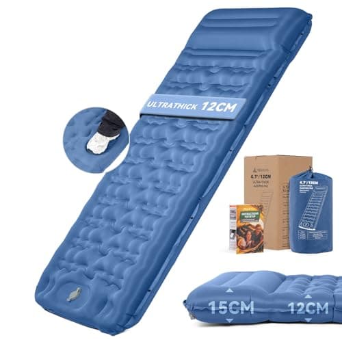 Image of HIKENTURE Camping Sleeping Mat, 12cm Thick Ultralight Inflatable Sleeping Pad with Built-in Foot Pump and Pillow, Compact & Lightweight Air Mattress for Camping, Hiking, Backpacking & Tent(Blue)
