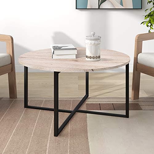 Image of BOFENG Round Coffee Table Tea Table Round Coffee Table for Living Room with Metal Legs, Black+White oak