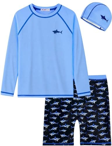Image of weVSwe Quick-Dry & Breathable Kids Swimming Costume, 3Pcs UPF 50+ Boys Swim Shirt Swimming Shorts with Matching Cap Blue Shark Pattern for 10 Years