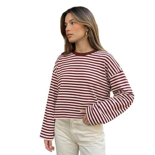 Image of Felcia Women's Classic Striped T Shirt Long Sleeve Crew Neck Loose Casual Tops Fall Streetwear (A-Red, XS)