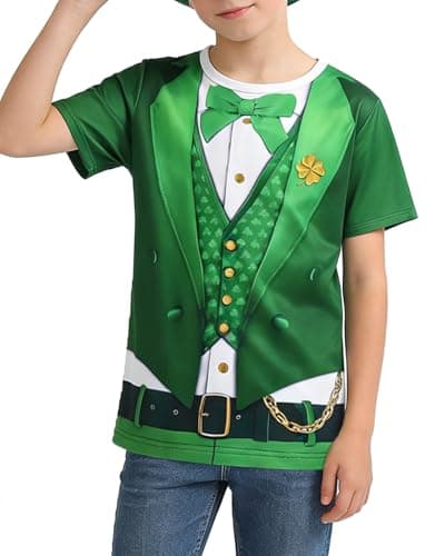 Image of Xumplo Boys St Patricks Day Leprechaun Tuxedo T-shirt Kids 3D Print Shamrock Short Sleeve Festive Tee Tops 11-12 Years