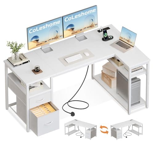 Image of Coleshome Computer Desk with Drawers, 140×80 cm Corner Office Desk with Built-in Power Outlet, Reversible L Shaped Desk with Storage Shelves for Home Office, White