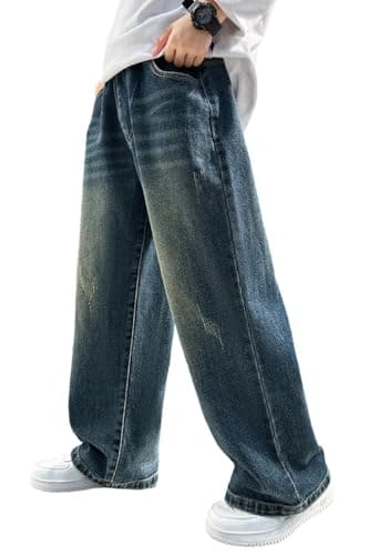 Image of Rolanko Boys Baggy Jeans Elasticated Waist Cargo Bootleg Skater Jeans with Multipockets Vintage Streetwear Denim Pants for Kids, Solid Denim Blue, 170, 13-15 Years