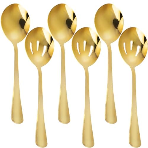 Image of 6 Pieces Golden Serving Spoons Set 8.7 Inch, Includes 3 Serving Spoon and 3 Slotted Spoon, Stainless Steel Buffet Banquet Spoons Large