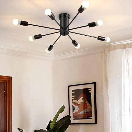 Image of Lightess Sputnik Ceiling Light 8 Lightes, E27 Black Modern Chandelier, Vintage Semi-Flush Mount Ceiling Lamp for Living Room, Bedroom