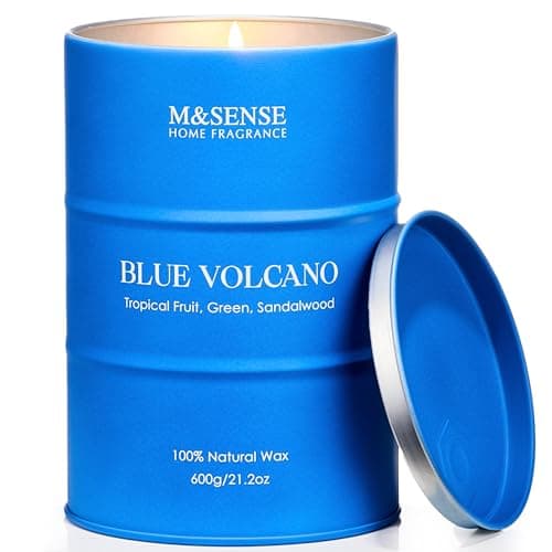 Image of M&SENSE Blue Volcano Scented Candle, Large 600g Organic Soy Wax, Up to 120 Hours Burn Time, Tropical Fruit and Sandalwood Fragrance Candle, Luxury Aromatherapy Gift for Men and Women