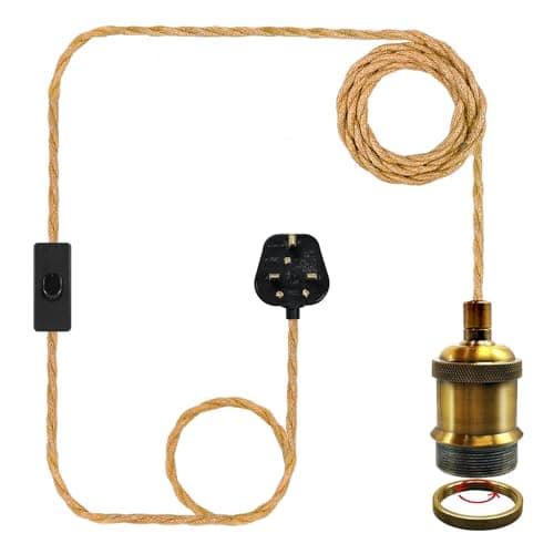 Image of LAKONEI 510cm Plug in Hemp Rope Pendant Light, Antique Bronze E27 E26 Metal Lamp Holder with UK in Line Switch, Vintage Hanging Ceiling Light Kit for DIY Home Decor (Bulb Not Included)