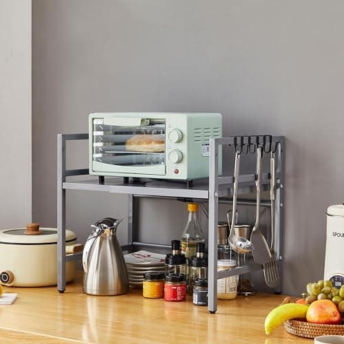 Image of nozama 2-Tier Expandable Microwave Oven Rack with 6 Hooks, Adjustable Metal Kitchen Shelf with Storage Organizer, Grey Baker Storage Rack